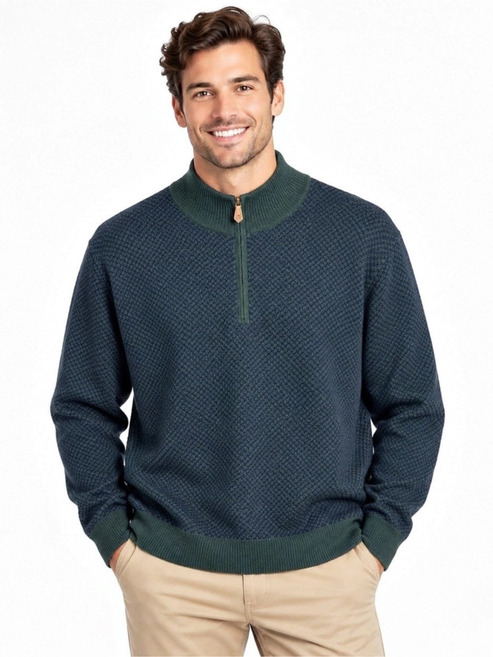 Brooks Brothers 100% Saxxon Wool Quarter Zip Sweater XXL Green Navy Textured